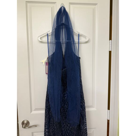 Abby Paris 90011 Formal midnight blue Glitter Gown 8 halter open back NWT $269 - Picture 10 of 14